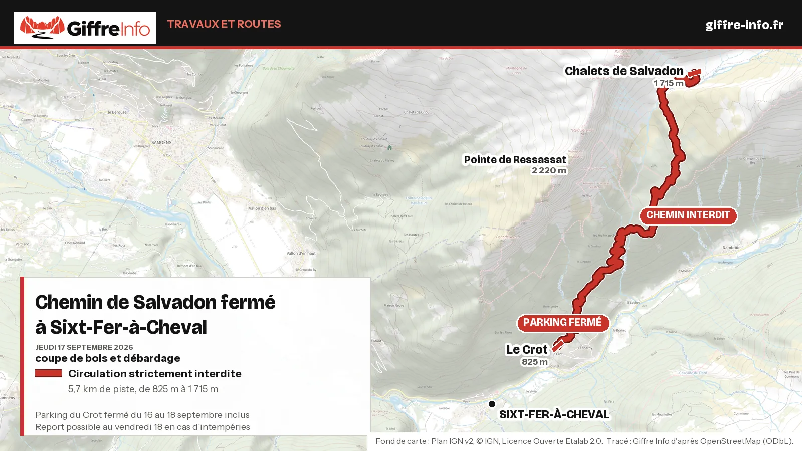 Carte du chemin de Salvadon fermé à Sixt-Fer-à-Cheval le 17 septembre 2026 : la piste tracée en rouge sur 5,7 km entre le parking du Crot, à 825 m, et les chalets de Salvadon, à 1 715 m.