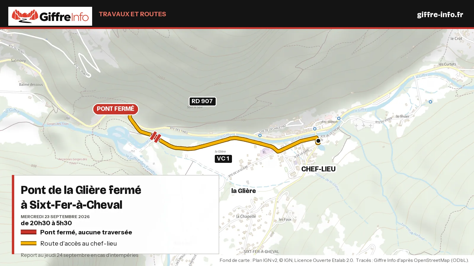 Carte de la fermeture du pont de la Glière à Sixt-Fer-à-Cheval le 23 septembre 2026 : le pont de la voie communale 1, seul franchissement du Giffre entre la RD907 et le chef-lieu, fermé de 20h30 à 5h30.