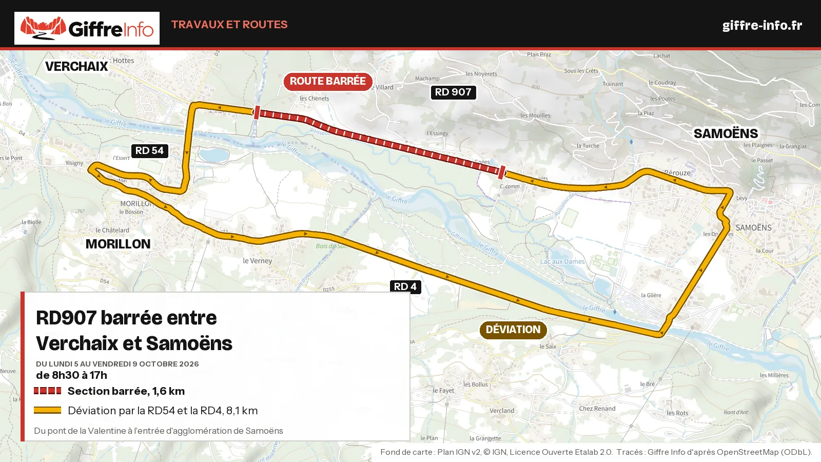 Carte de la fermeture de la RD907 entre Verchaix et Samoëns du 5 au 9 octobre 2026 : section barrée du pont de la Valentine à l'entrée de Samoëns, déviation par la RD54 et la RD4 via Morillon.