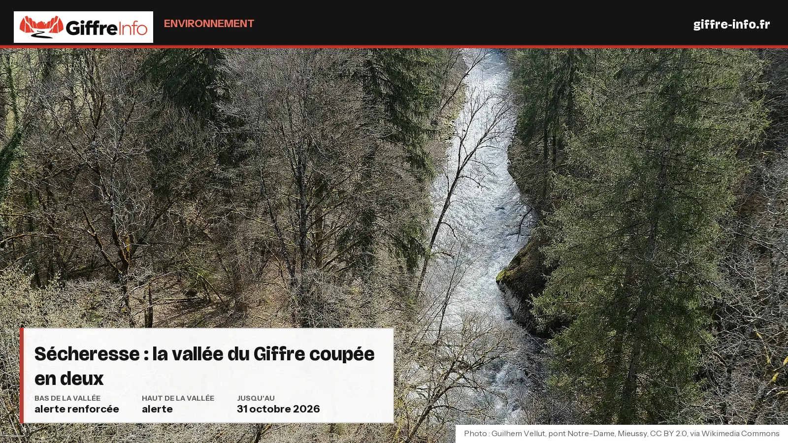 Le Giffre vu du pont Notre-Dame à Mieussy, entre les arbres, illustrant les restrictions d'eau d'octobre 2026 : alerte renforcée dans le bas de la vallée du Giffre, alerte dans le haut, jusqu'au 31 octobre.