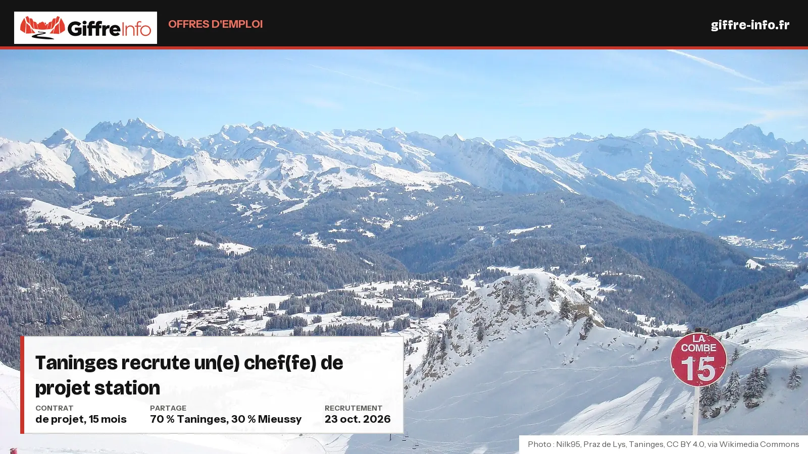 Vue d'hiver sur la station du Praz de Lys à Taninges depuis le Haut-Fleury, illustrant l'offre d'emploi de chef(fe) de projet aménagement de station publiée par la commune.